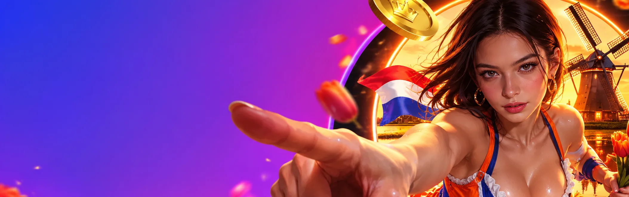 Banner van Goldify Casino Nederland met een molen bij zonsondergang, de Nederlandse vlag en tulpen